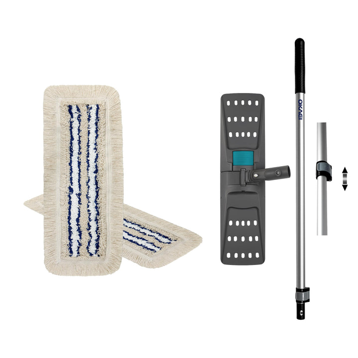 OKAEI Wischmop-Komplettset 40 cm – 2× Wischmopp-Bezug Blau-Weiss-Beige aus Microfaser-Baumwoll-Mix +