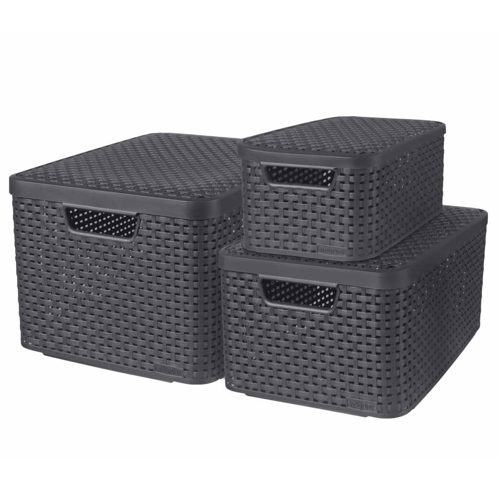 CURVER STYLE Box 3er Set S/M/L mit Deckel, anthrazit, 46,2 x 34,2 x 27,5 cm, Anthrazit