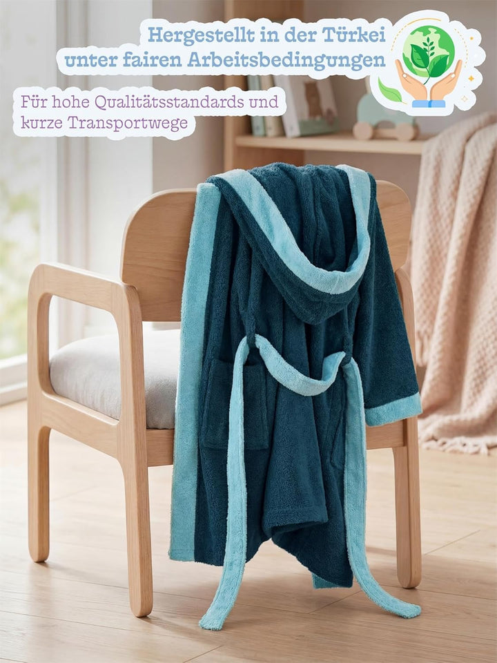 normani Kinder-Bademantel mit Kapuze aus 100% Bio-Baumwolle - für Jungen und Mädchen, 98-104 Blau