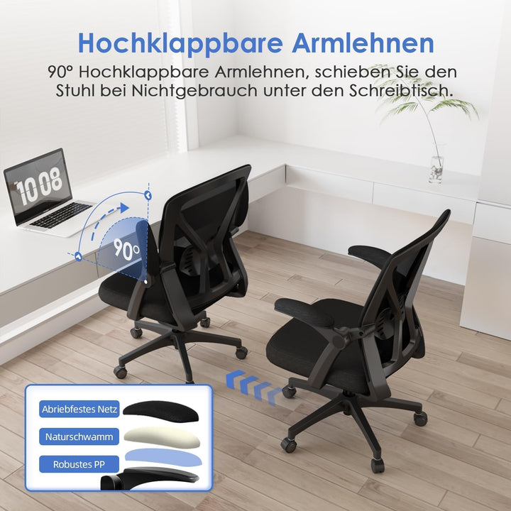 Hinonde Bürostuhl,Schreibtischstuhl mit Hochklappbare Armlehnen und Wippfunktion,Drehstuhl,Höhenvers
