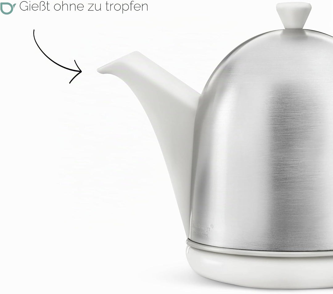 Bredemeijer kleine weisse Matte Keramik Teekanne 1.0 Liter mit Edelstahlhaube Weiss 1 l, Weiss 1 l