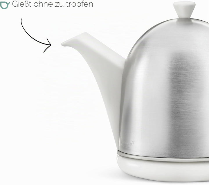 Bredemeijer kleine weisse Matte Keramik Teekanne 1.0 Liter mit Edelstahlhaube Weiss 1 l, Weiss 1 l