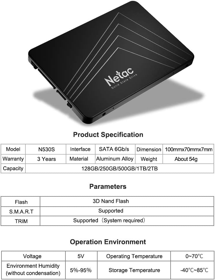 Netac SSD 240GB, SSD Festplatte Intern Sata 3.0 2,5 Zoll für Laptop, PC, Desktop, PS5 (N530S, Schwar