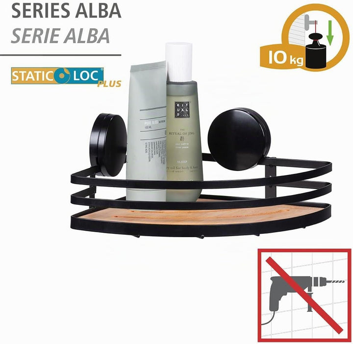WENKO Static-Loc® Plus Eckablage Mod. Alba, Badezimmerablage aus lackiertem Stahl & Bambus, Befestig