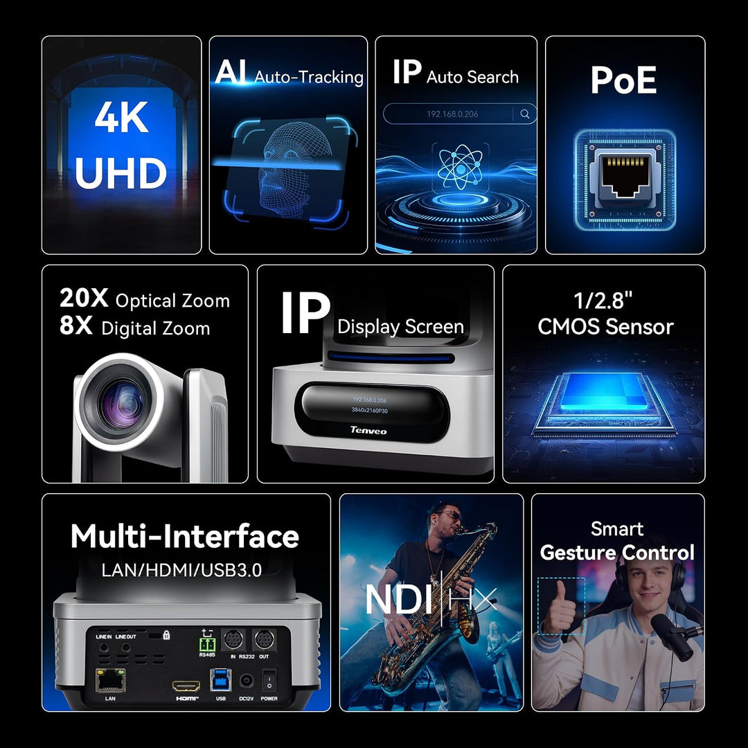 Tenveo 4K NDI PTZ‑Kamera: KI‑Tracking (Person/Gesicht), Gestensteuerung, 20x Opt. + 8X dig. Zoom, Li