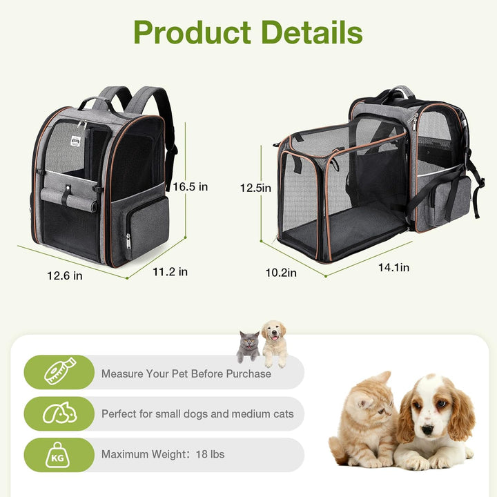 Lekebobor Katzenrucksack-Tragetasche, erweiterbarer Haustier-Tragerucksack für kleine Hunde, mittelg