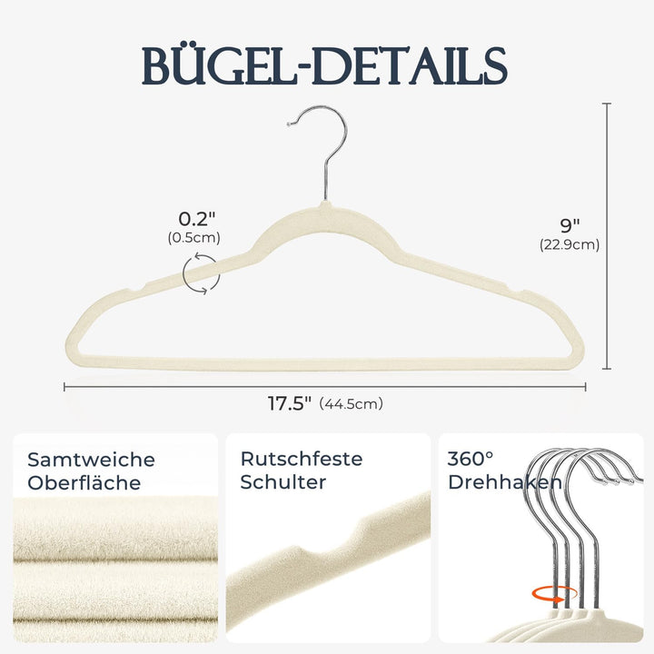 Kleiderbügel Samt 50 Stück - Kleiderbügel Platzsparend, Bügel rutschfest und Belastbar, 360° Drehbar
