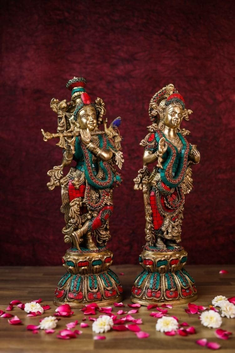 SHIVAJI ARTS Radha Krishna Statue Messing mit Steinarbeit, mehrfarbig, 45,7 cm, grosse Grösse, 1 Stü