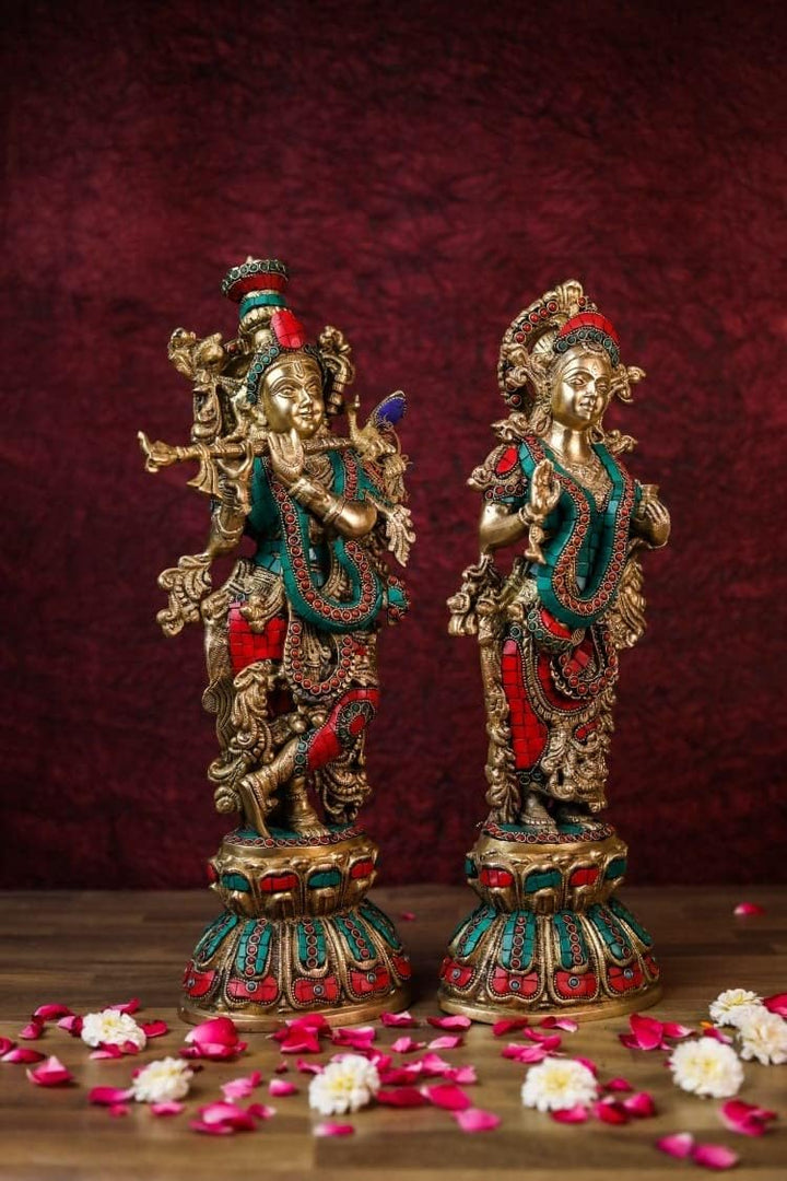 SHIVAJI ARTS Radha Krishna Statue Messing mit Steinarbeit, mehrfarbig, 45,7 cm, grosse Grösse, 1 Stü