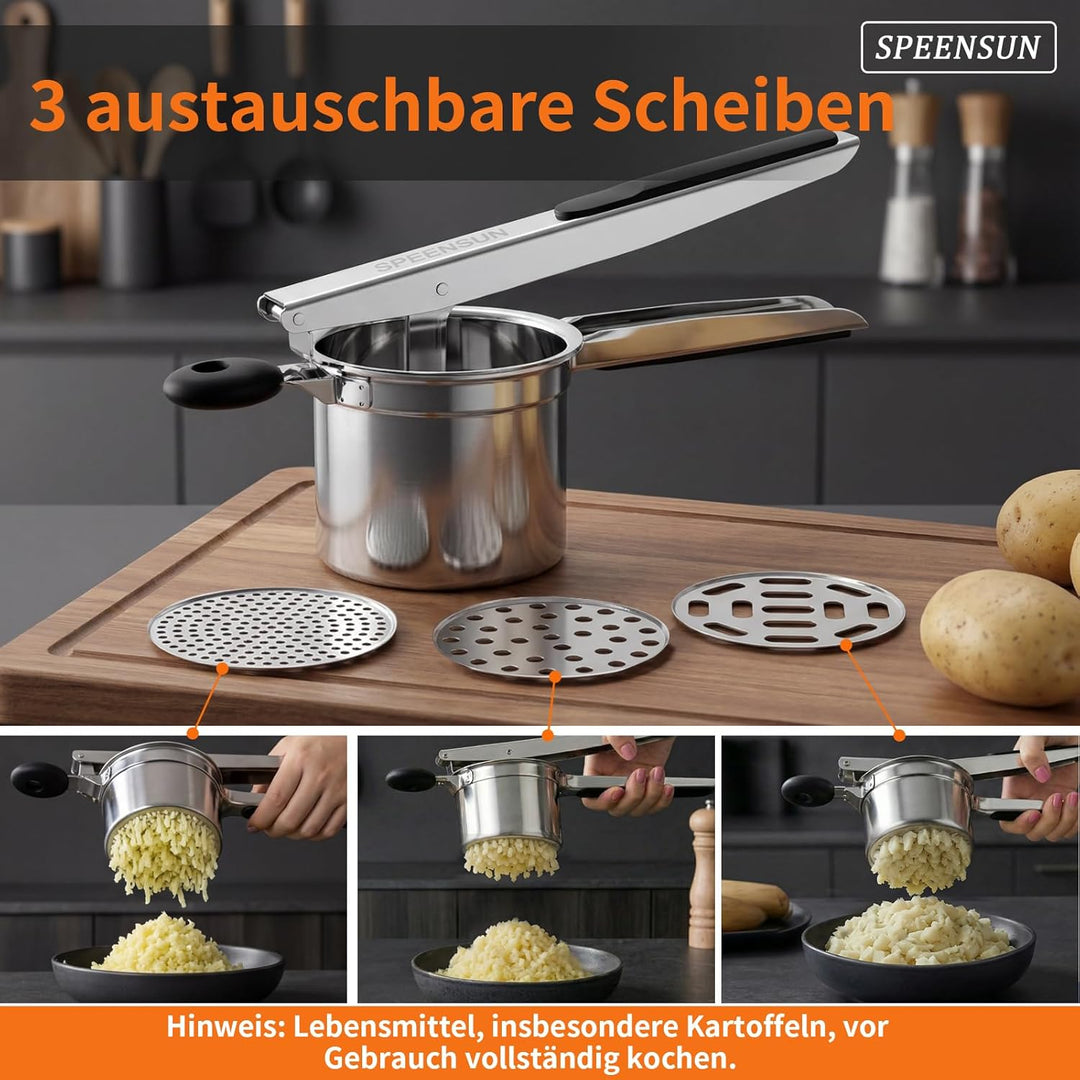 SPEENSUN Kartoffelpresse & Spätzlepresse aus Edelstahl (450ml) | 3 Lochscheiben & rutschfester Silik