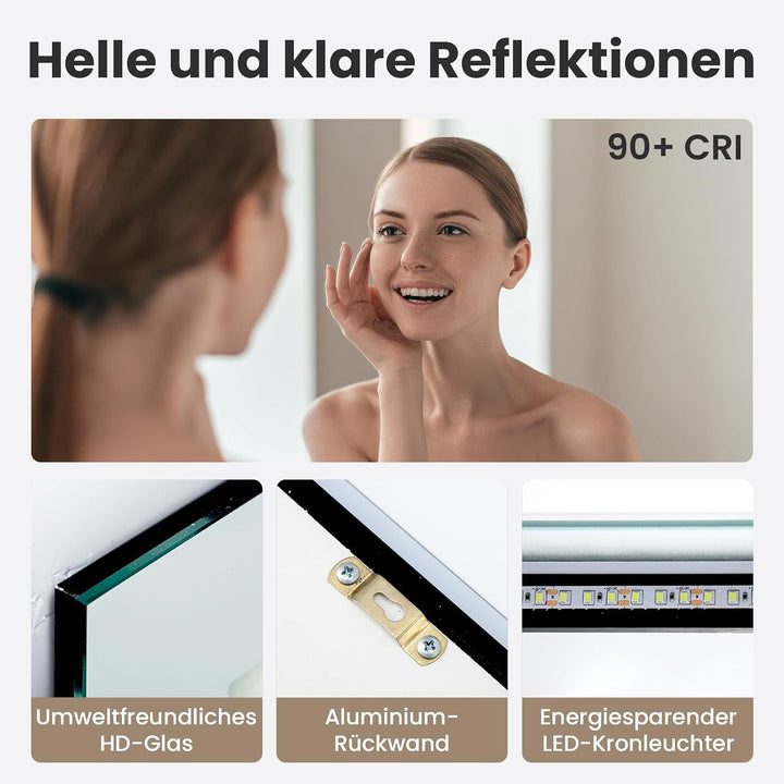 50x70 cm LED Badspiegel mit Beleuchtung Badezimmermit Touch-Schalter, 3 Lichtfarben, Badezimmerspieg