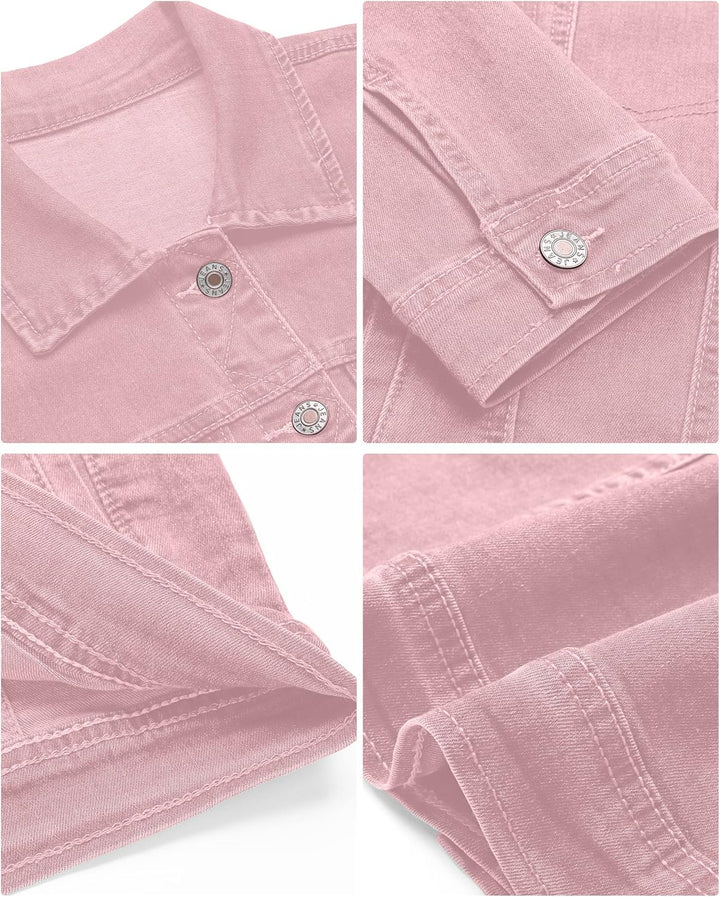 Jeansjacken Damen Jean Stretchy Langarm Trucker Jacke mit Tasche L Rosa, L Rosa