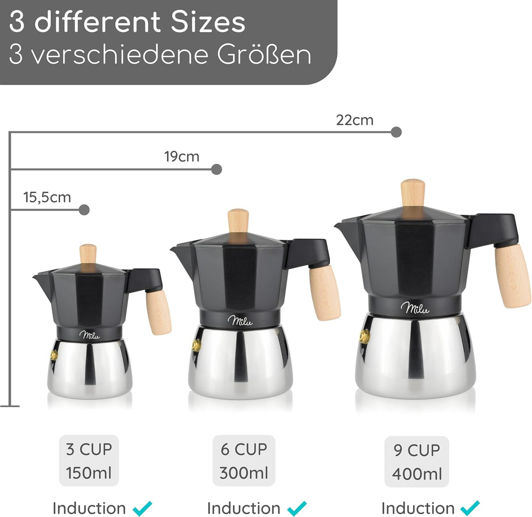Milu Espressokocher Induktion geeignet | 3, 6, 9 Tassen | Aluminium / Edelstahl Mokkakanne, Espresso