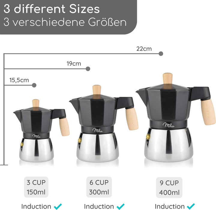 Milu Espressokocher Induktion geeignet | 3, 6, 9 Tassen | Aluminium / Edelstahl Mokkakanne, Espresso