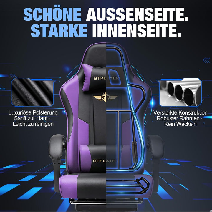 GTPLAYER Gaming Stuhl Chair Gamer Sessel - Ergonomischer Gamer Stuhl mit Fussstütze Kopfstütze und L