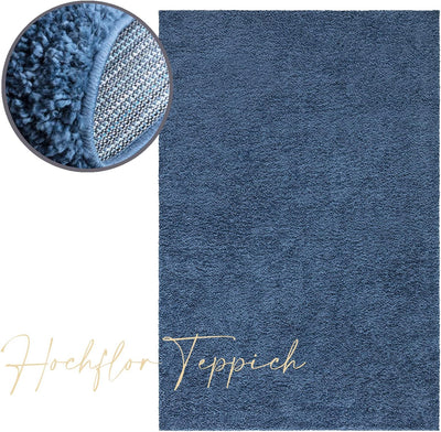 payé Teppich Wohnzimmer Hochflor Shaggy - 150x150cm - Blau Einfarbig Uni Flauschig Modern Boho Deko