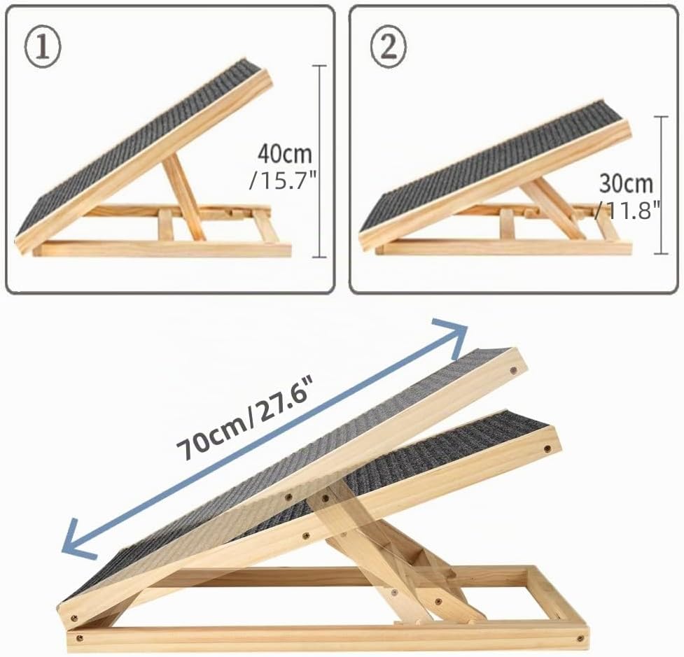 QiMu Haustierrampe aus massivem Holz, 2-fach höhenverstellbar mit rutschfestem Teppich, Sicherheitst
