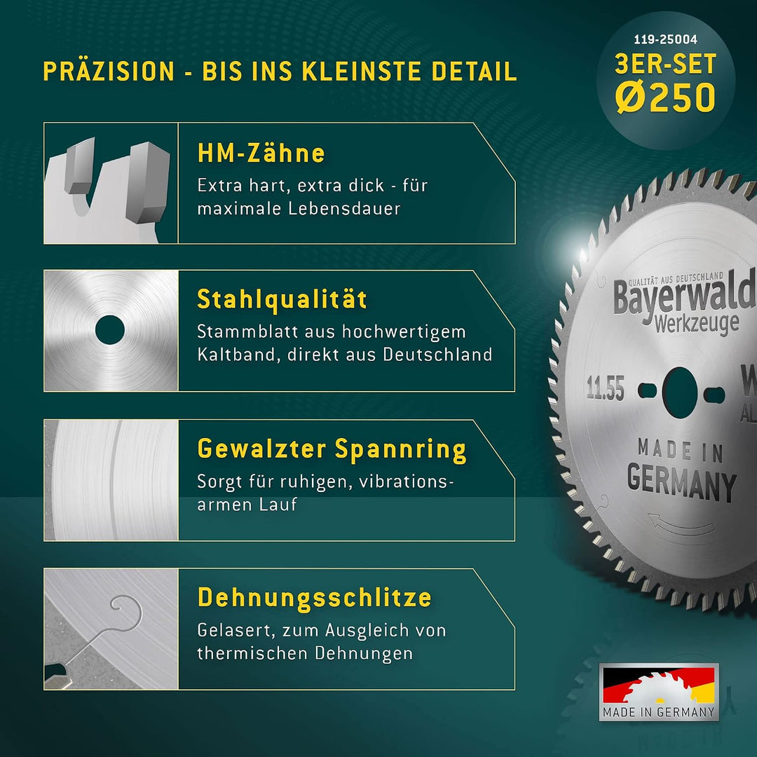 Bayerwald Kreissägeblatt Set Ø250 (3 tlg.) - für Holz Längs &amp; Querschnitte Allround - geeignet für T