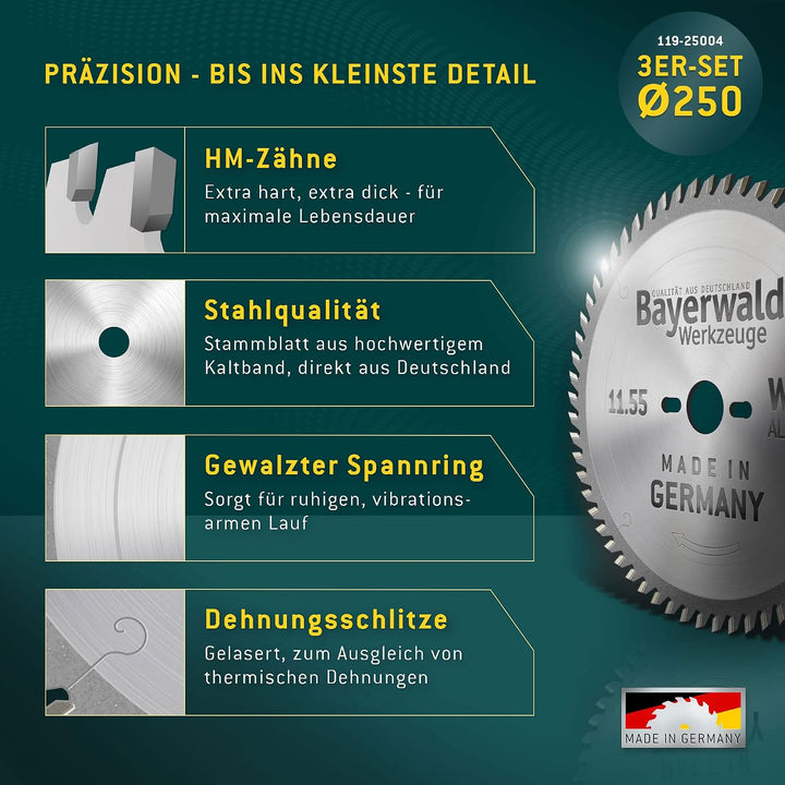 Bayerwald Kreissägeblatt Set Ø250 (3 tlg.) - für Holz Längs &amp; Querschnitte Allround - geeignet für T