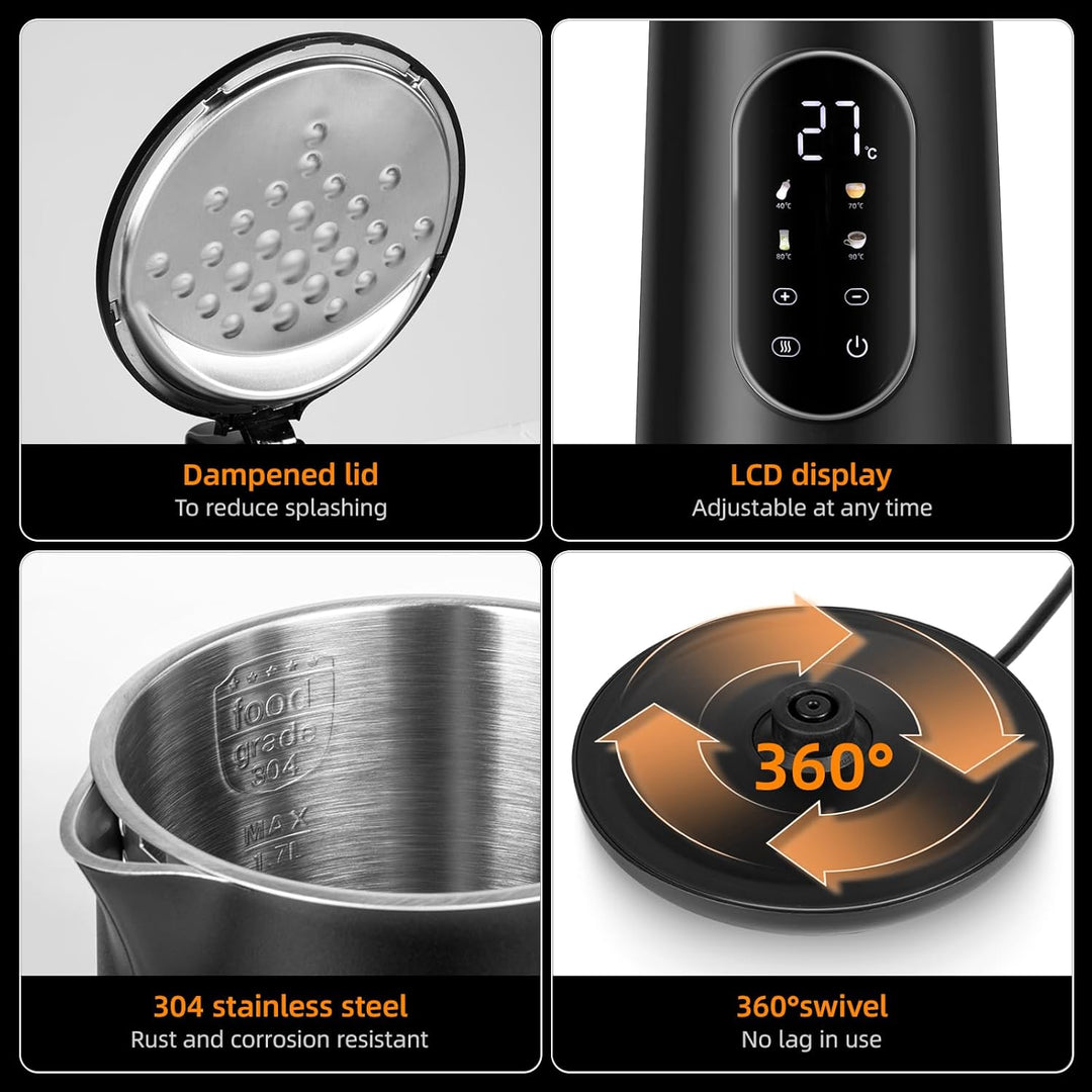 Carehabi Wasserkocher mit Temperatureinstellung 1.7 Liter Wasserkocher Edelstahl Schwarz 40°C-100°C
