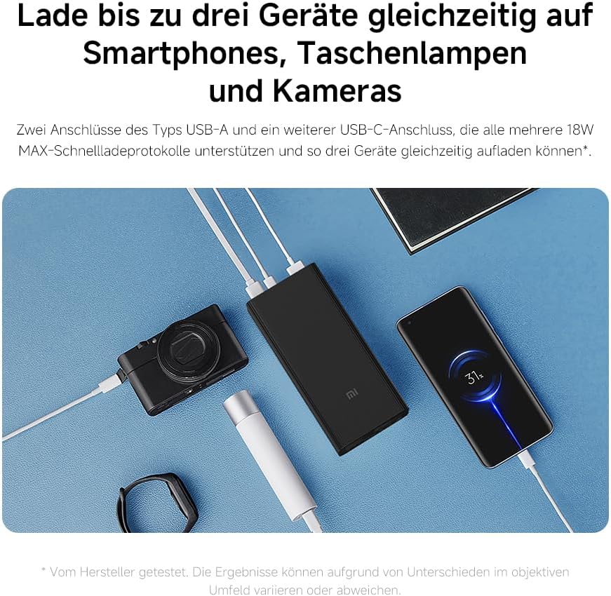 Xiaomi 18W Power Bank – 30000mAh, 18W Schnellladefunktion, lädt 3 Geräte gleichzeitig, Power Deliver