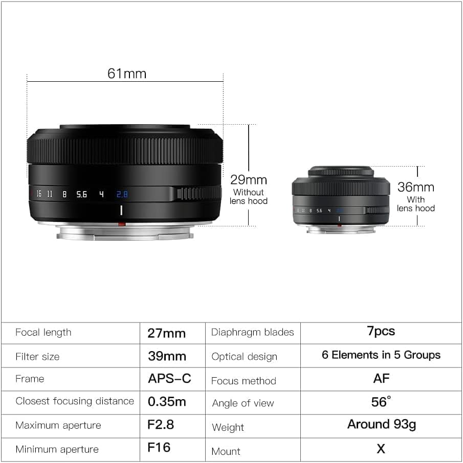 TTartisan APS-C AF 27mm F2.8 Autofokus-Objektiv für Fuji X Mount, Leichtes Design, Kompatibel mit Fu