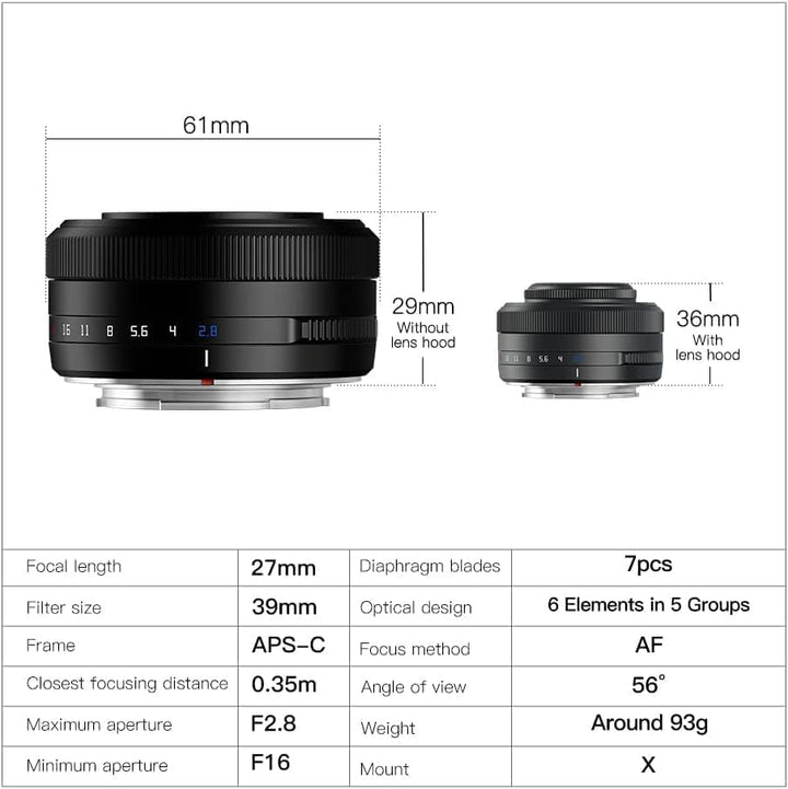 TTartisan APS-C AF 27mm F2.8 Autofokus-Objektiv für Fuji X Mount, Leichtes Design, Kompatibel mit Fu