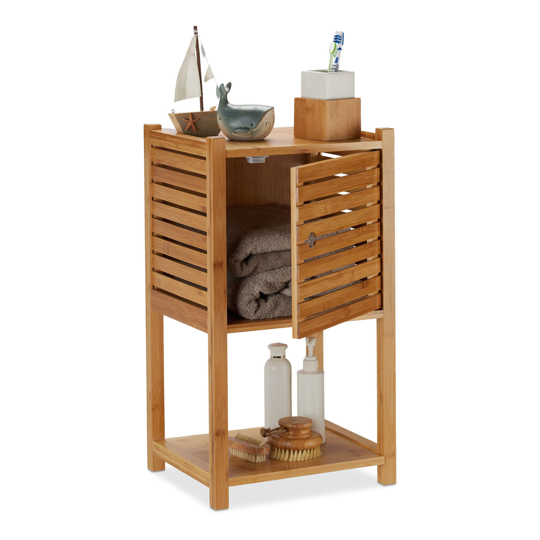 Relaxdays Badregal Bambus, 2 Ablagen & 1 Fach mit Tür, Bad & Küche, schmal, klein, Badmöbel HBT 62,5