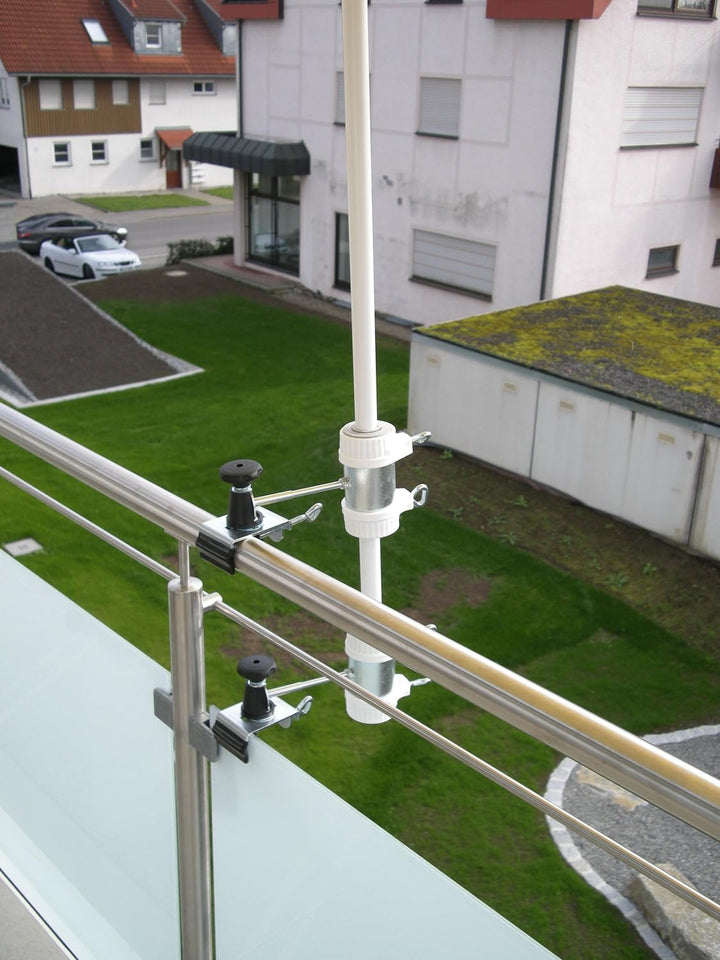 2 X - SONNENSCHIRMHALTER für BALKONGELÄNDER 25,5 mm bis 55 mm Ø für Aussen oder Innen Befestigung mi