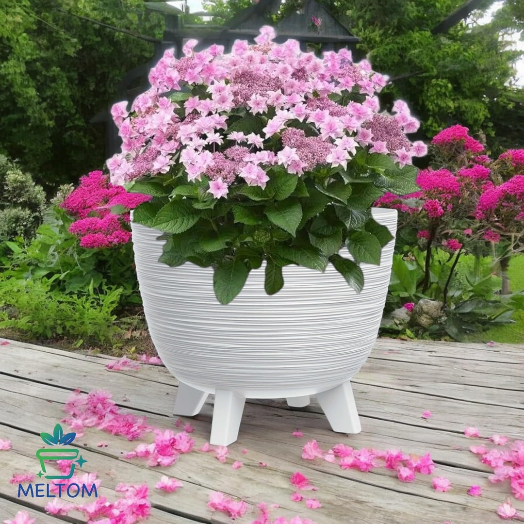 MELTOM Blumentopf mit Füssen aus Kunststoff Schale Rund Kräutertopf 3D Rillen (Weiss, M-29cm) M-29cm