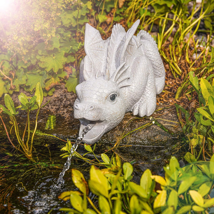 Wasserspeier Figur Drache Grisu aus Kunststein - (L x B x H): ca. 400 x 215 x 200 mm - Schlauchansch