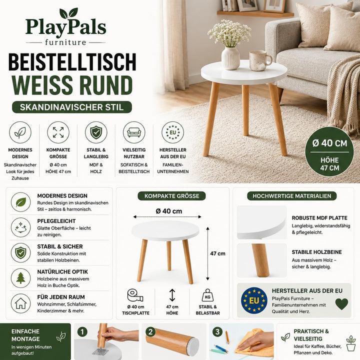 PlayPals Beistelltisch Weiss Rund 40 cm – Kleiner Couchtisch Skandinavisch, Wohnzimmertisch Holzbein