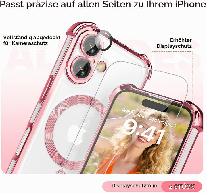 GOODVISH Handykette für iPhone 16 Hülle mit Band Magnetisch, Rosé | mit 2 Stück Schutzfolie, mit Kam