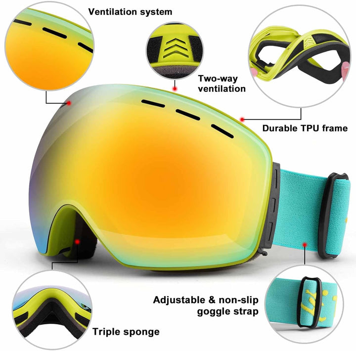 Trusiel Skibrille, Skibrille Damen Herren Anti-Fog Ski brille OTG, Skibrille für Brillenträger, 400