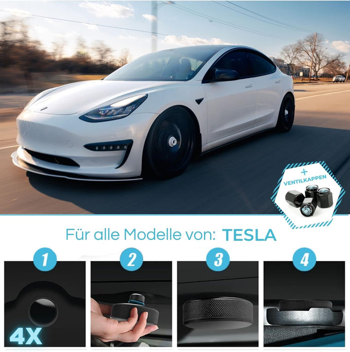 PLANGER® Tesla Wagenheber Beläge - 4X ENRGY PAD flach + 4 VENTILKAPPEN (Model 3 - Model S - Model Y
