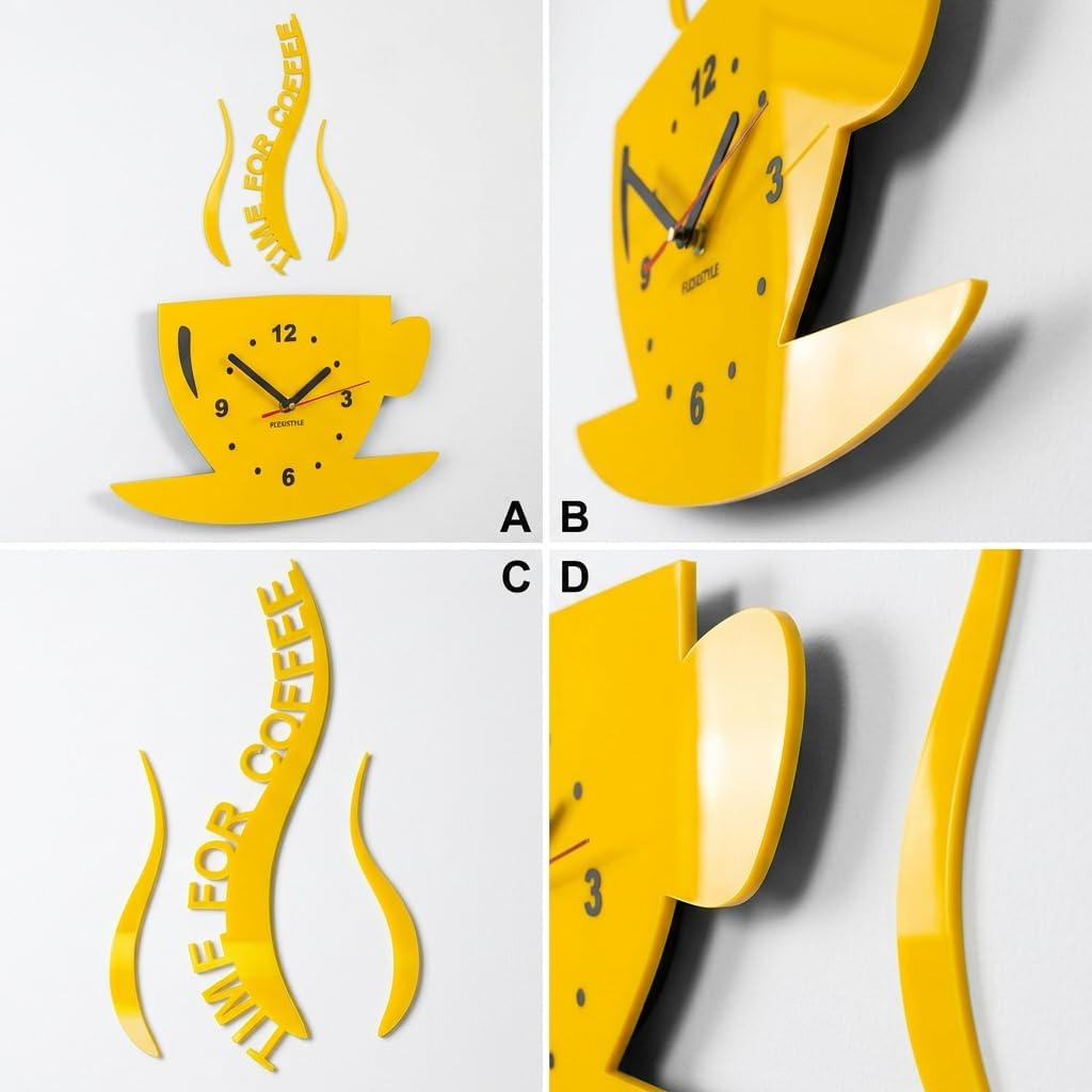 FLEXISTYLE Tasse Time for Coffee (Zeit für Kaffee) Moderne Küche Wanduhr, Zitronengelb, 3D römisch,