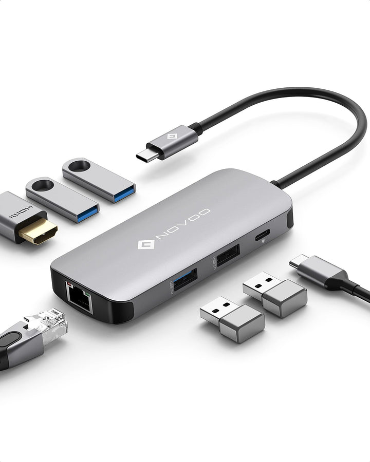 NOVOO Mulitport USB C Hub Adapter USB C auf USB x 4, 100 W PD Ladeanschluss, 4 K HDMI, RJ45 Ethernet