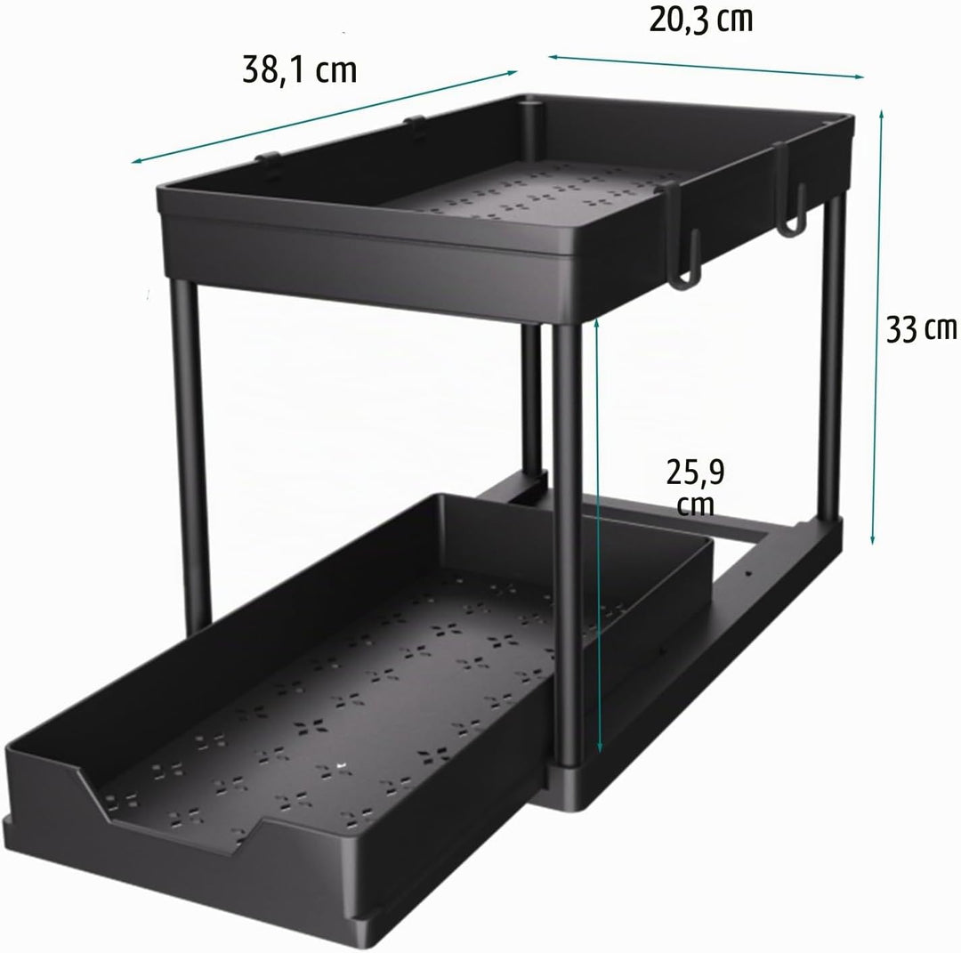 DEKAVA Küchen Organizer, 2 Unter Waschbecken Regal, Schrank Küchenorganizer mit 4 Haken, Schrankkorb