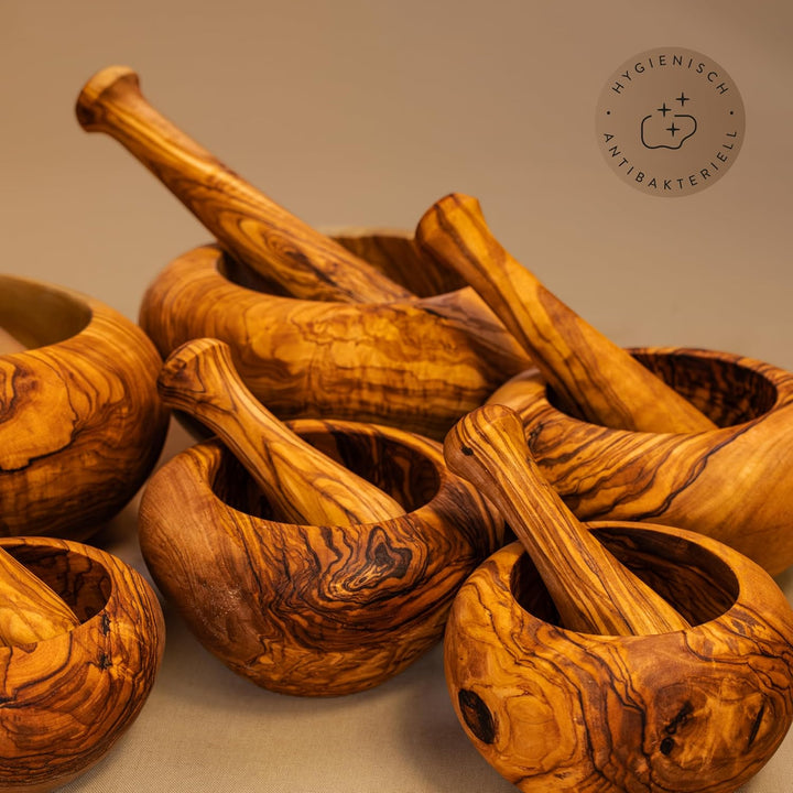 das Olivenholzbrett® Mörser und Stössel aus Olivenholz, Holzmörser rund ca.16cm, 16cm
