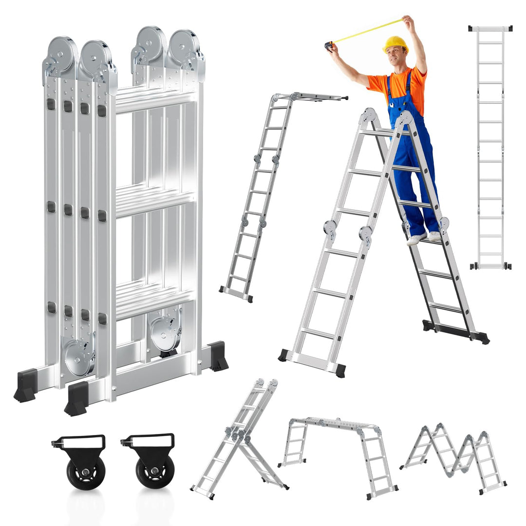 4x3 Mehrzweckleiter 360cm 7 in 1 Alu Leiter mit 2 plattform und 2 Transport Rollen bis 150 kg，Vielzw