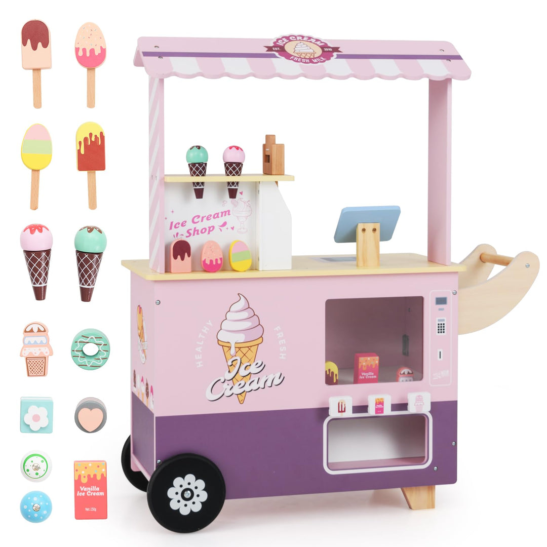 GOPLUS Eiswagen Kinder, Eisstand auf Rädern mit Verkaufsautomat, Eismaschinen-Spielzeug, Präsentatio