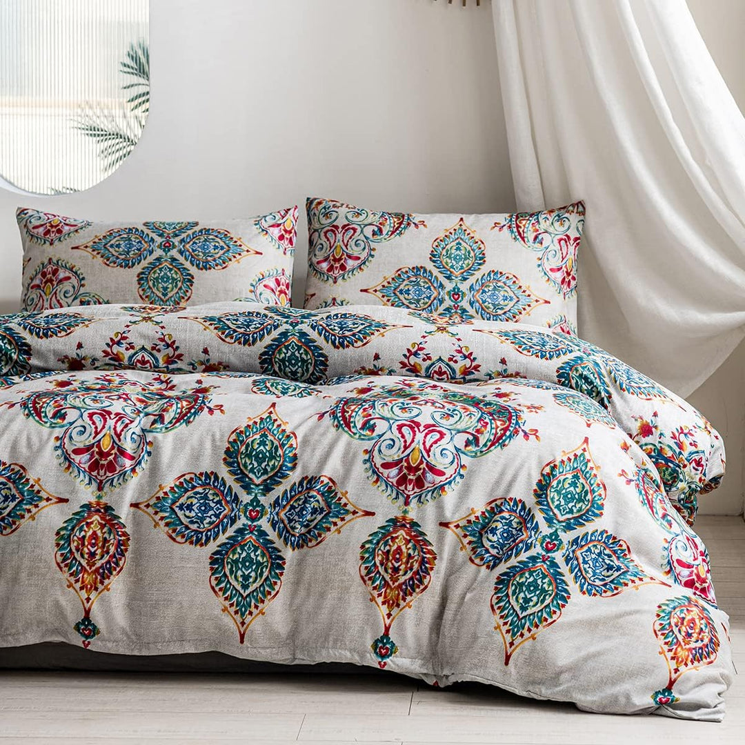 Damier Bohemian Bettwäsche 200x200cm Türkis Boho Indische Mandala Deckenbezug mit Verdecktem Reissve