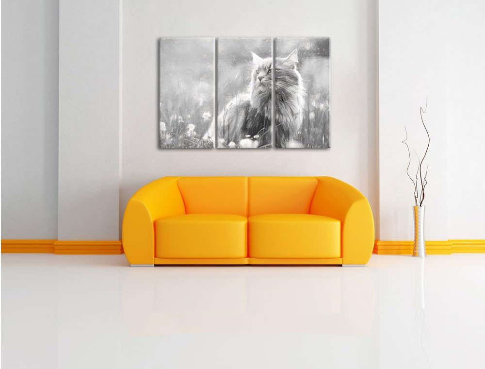 Pixxprint Katze in der Wildnis Kunst Kohle Effekt 3-Teiler Leinwandbild 120x80 Bild auf Leinwand, ri