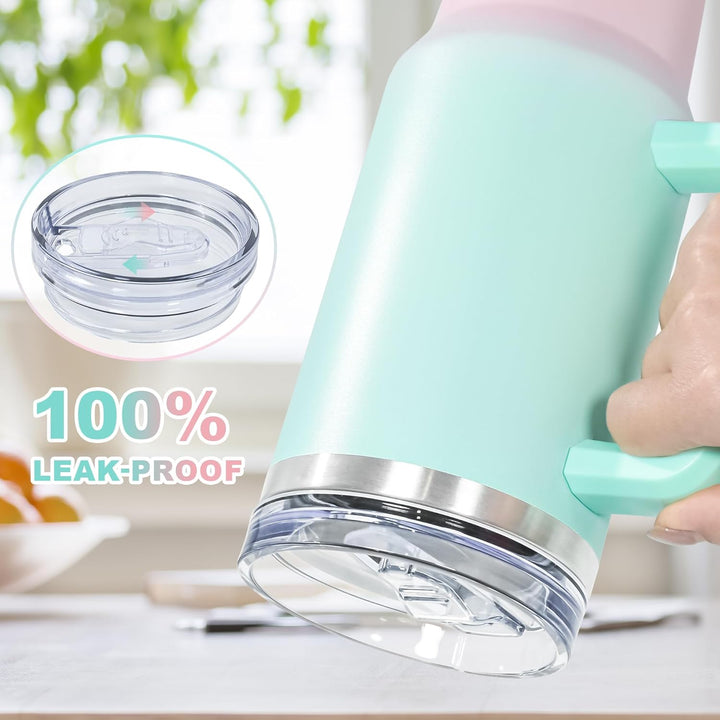 FECBK Thermobecher mit Strohhalm und Henkel 1,2L, 100% Auslaufsicherer Trinkbecher, Edelstahl Vakuum