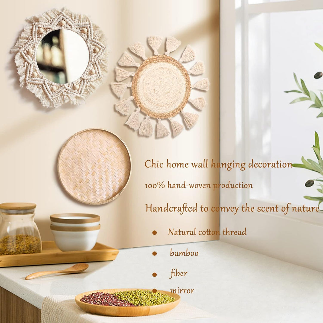 Boho Wandkorb Dekor Set - Flach Gewebter Makramee Tapisserie Spiegel Weiss Runde Quasten Handgemacht