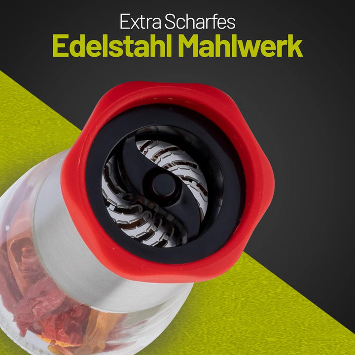 Chilimühle aus Edelstahl & Glas | Gewürzschneider Schneidwerk - Chilischneider für grobe Gewürze & C
