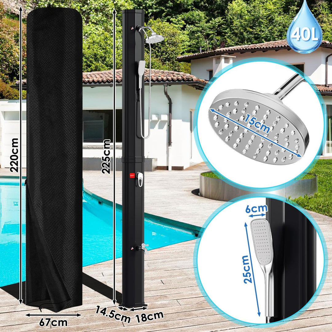 Solardusche 40L Solar Gartendusche mit 360°Regenduschkopf, Wasserhahn und handbrause, Warmes Wasser