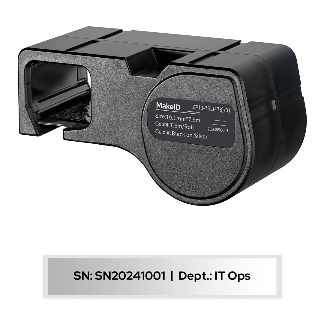 MakeID PET-Etiketten für Industrie-Etikettendrucker D50 – Schwarz auf Silber, 19 mm x 7 m, Innen-/Au