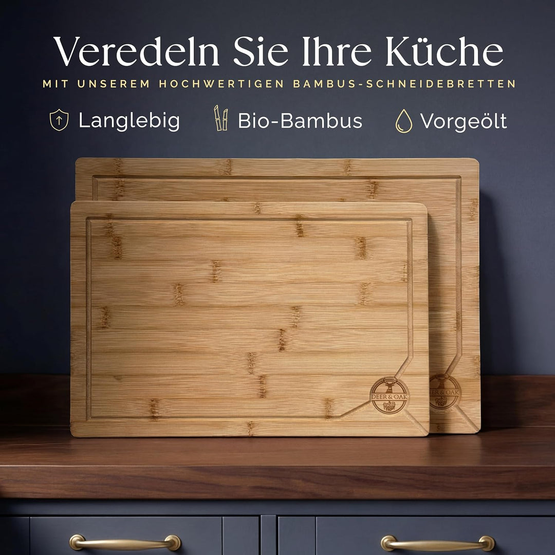 Deer & Oak Schneidebrett Holz Set – XXL & Gross (43x30 & 38x25cm) Bambus Küchenbretter, Vorgeölt, Me