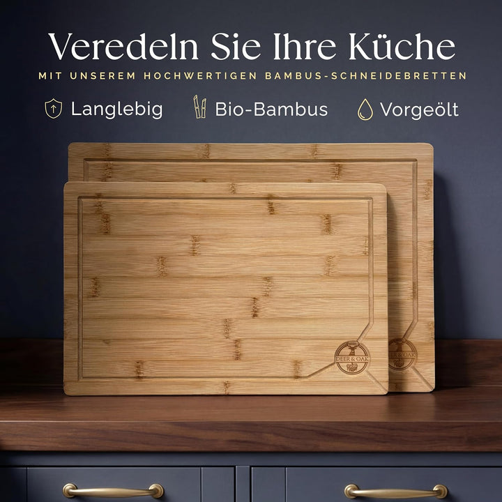 Deer & Oak Schneidebrett Holz Set – XXL & Gross (43x30 & 38x25cm) Bambus Küchenbretter, Vorgeölt, Me
